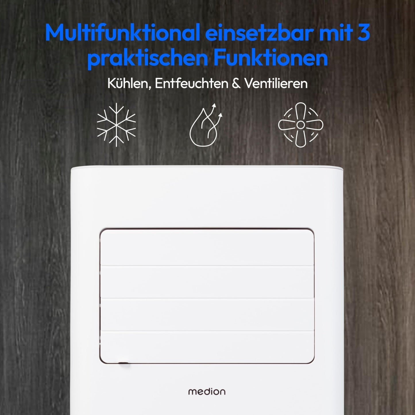 MEDION Mobile Klimaanlage E901 – 9000 BTU, 3in1: Kühlen, Entfeuchten, Ventilieren, mit Abluftschlauch & Fensterkit, für Räume bis 32 m².