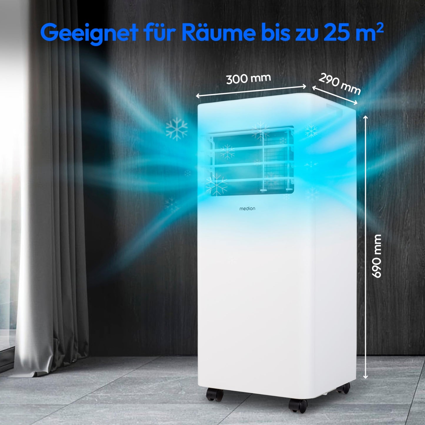 MEDION Mobile Klimaanlage E901 – 9000 BTU, 3in1: Kühlen, Entfeuchten, Ventilieren, mit Abluftschlauch & Fensterkit, für Räume bis 32 m².